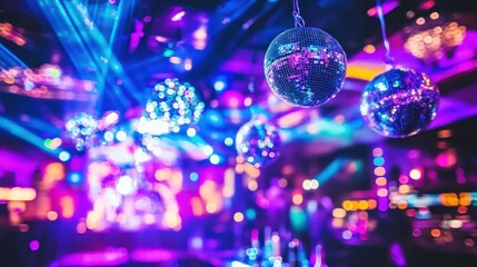 Fototapeta premium Vibrant Nightclub Atmosphere: Disco Balls and Laser Lights
