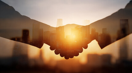 International business partners shaking hands in front of a city skyline with sunlight