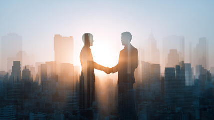 International business partners shaking hands in front of a city skyline with sunlight