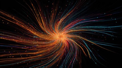 Neon-hued firework trails spiraling dynamically outward against a rich, untextured black background.