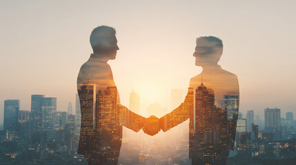 International business partners shaking hands in front of a city skyline with sunlight