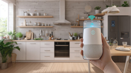 Smart home assistant controlling lights and appliances via voice command, modern kitchen background