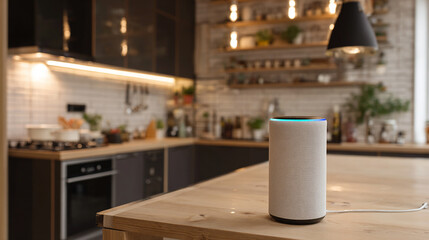 Smart home assistant controlling lights and appliances via voice command, modern kitchen background