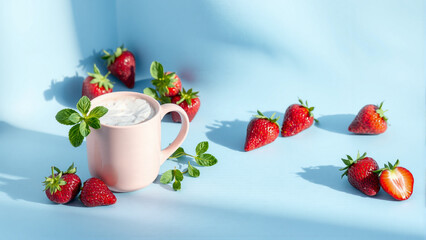 Fresh strawberries and mint leaves arranged around a white teapot on a light blue background, creating a vibrant and refreshing scene