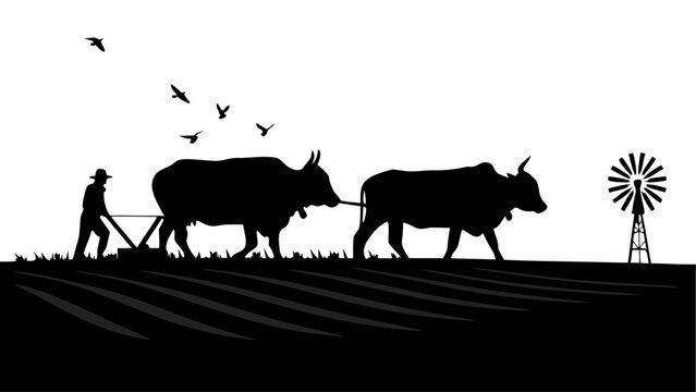 Silhouette of farmer plowing field with oxen near windmill and birds flying in a black and white scene