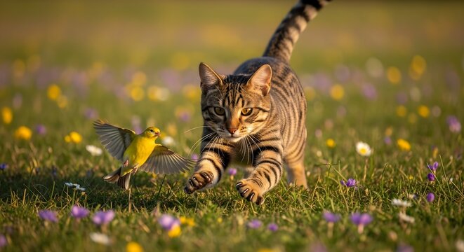 A striped tabby cat in a dynamic pounce, focused on a small yellow bird taking flight in a grassy field dotted with wildflowers. Captures a moment of natural predator-prey interaction.