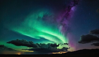 Silhouette of a pine tree landscape against a starry night sky with northern lights
3