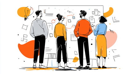 Team of coworkers brainstorming with puzzle shapes on a whiteboard, planning a solution together in a startup workspace