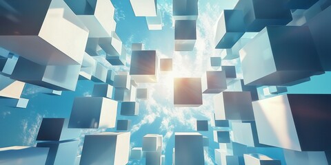 A dynamic composition of geometric shapes floating in an endless, infinite perspective.