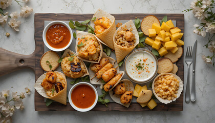 Delicious Food Platter with Grilled Chicken, Rice, Mango, and Dips