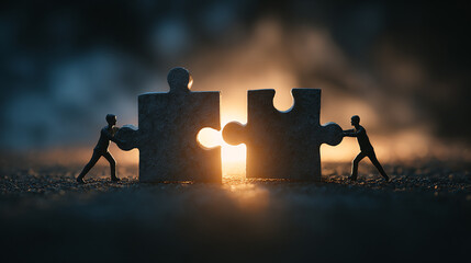 Two people connecting the last two puzzle pieces with dramatic lighting, symbolizing the final step in a collaborative project