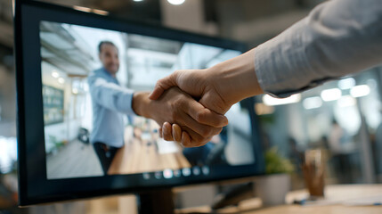 Two people shaking hands after virtual meeting, shown on a screen with remote background