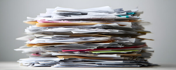 A large pile of various receipts and documents against a plain background, representing paperwork and financial tasks.