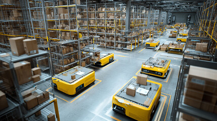 Warehouse robots organizing packages with automated efficiency, high-tech logistics center