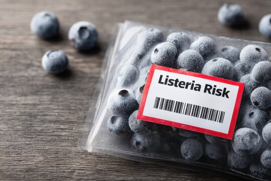 Blueberry Recall Concepts. Frozen blueberries in a plastic bag labeled "Listeria Risk" on a wooden surface, indicating potential contamination and food safety concerns.