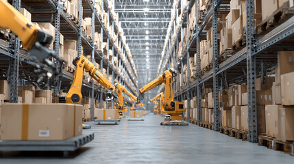 Warehouse robots organizing packages with automated efficiency, high-tech logistics center