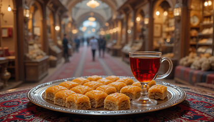 Turkish Delight Baklava and Tea in a Grand Bazaar Setting