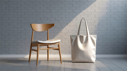 A minimalist interior scene with a wooden chair and a white canvas tote bag positioned against a light gray brick wall.