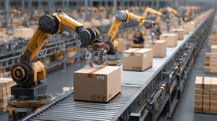 Warehouse robots organizing packages with automated efficiency, high-tech logistics center