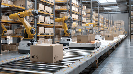 Warehouse robots organizing packages with automated efficiency, high-tech logistics center