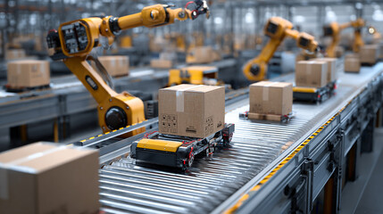 Warehouse robots organizing packages with automated efficiency, high-tech logistics center