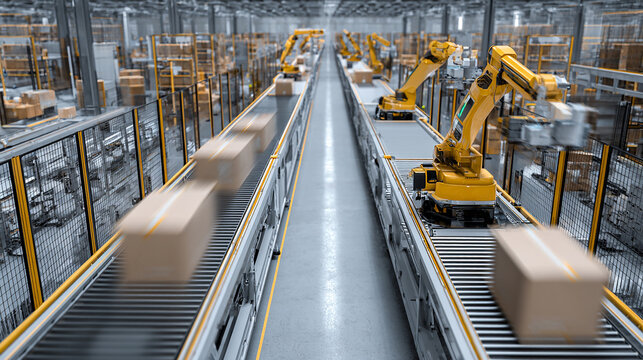 Warehouse robots organizing packages with automated efficiency, high-tech logistics center