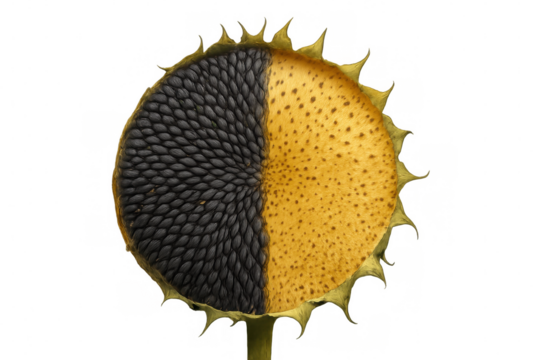 Sunflower head close-up revealing ripening seeds, partially filled, set against transparent backdrop