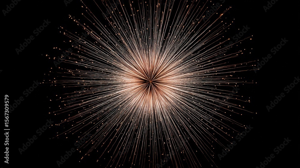 Poster minimal composition of isolated firework spark trails forming a radial pattern against deep black.