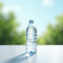 Plastic water bottle with condensation droplets on white surface, outdoor blurred green background, hydration and refreshment concept