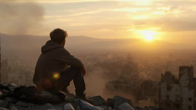 Silhouette man contemplating ruins at sunset hope and recovery concept