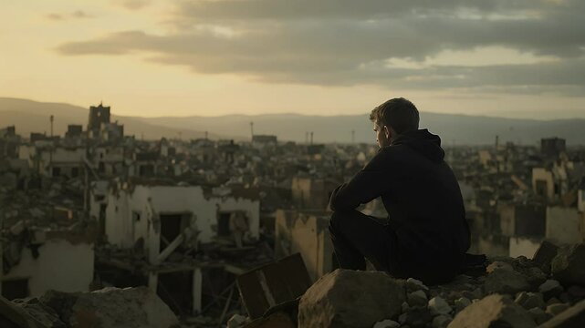 Silhouette of a man contemplating destroyed cityscape at sunset