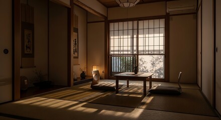 Fototapeta premium Tranquil Japanese Room Traditional Design & Serene Interior with Natural Light and Authentic Tatami Mats