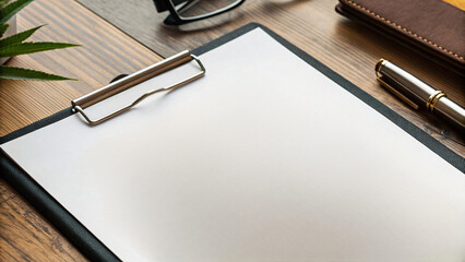 Notebook and pen on an office desk with glasses, paper