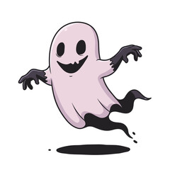 Fototapeta premium Playful cartoon ghost with light pink body and claw-like black hands, floating mischievously with a shadow beneath it.