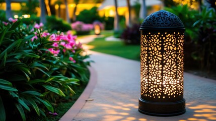 Illuminated Moroccan Lantern in Lush Garden Path at Dusk