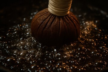 Herbal Compress:A herbal compress soaking in a dark liquid creating a tranquil and therapeutic ambiance.