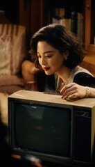Elegant Vintage Reverie: A beautiful woman gazes at an old television set, in a warmly lit vintage interior, evoking nostalgia for bygone eras.