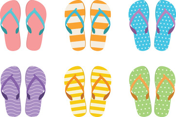 Flat Vector Illustration Set of Colorful Summer Flip Flops with Stripes, Dots, and Star Patterns for Beach Vacation and Web Design