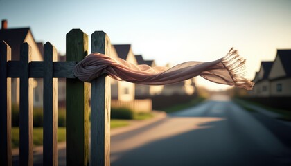 Wind-kissed Veil: A veil gracefully dances atop a weathered fence post, with a tranquil suburban street forming a serene backdrop, the photo evoking a sense of stillness, freedom, and quiet beauty.