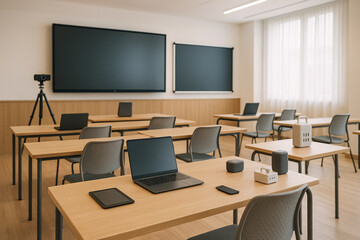 Tech-integrated classroom with individual wooden desks equipped with laptops, tablets, speakers, and portable charging stations. Large black screens and a video conferencing camera setup. 