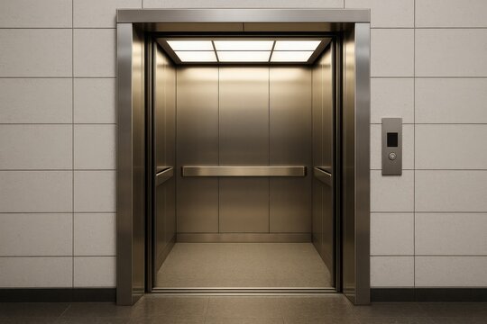 Modern Elevator Interior: An open elevator inside a building, featuring sleek steel walls, inviting light, and minimalist design, perfect for architectural or business themed visuals.