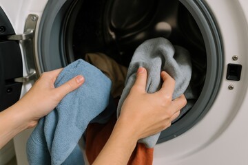 Washing Machine and Clothes: A close-up shot reveals a washing machine in use, with hands carefully placing clothes inside. The scene highlights cleanliness and household tasks.