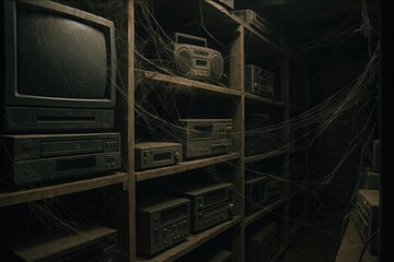 Dusty Attic Electronics: A dimly lit attic reveals shelves packed with vintage electronics, covered in dust and cobwebs.  The scene evokes a sense of forgotten memories and bygone technology.