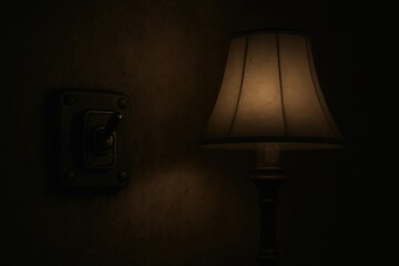 Wall Lamp in Low Light: A warm, inviting glow emanates from a classic wall lamp with a bell-shaped shade, casting a soft light against a textured wall in a dimly lit room.