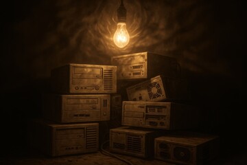 The weight of Progress: an abstract composition which uses a light bulb illuminating a pile of outdated machinery and old electronics.