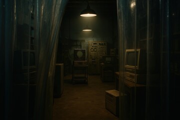 Hidden Lab: A dim, clandestine laboratory bathed in an eerie, mysterious glow, showcasing the allure of forgotten innovation. The setting suggests secrecy, innovation.