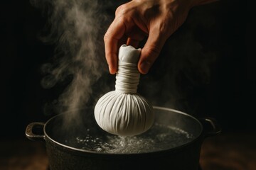 A Steamy Ritual: A close-up shot captures a hand delicately lowering a herbal compress into a pot of simmering water, inviting wellness. 