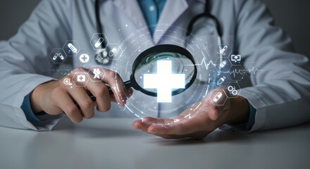 Doctor Examining Health Tech with Magnifying Glass
