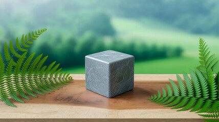A product photography setup featuring a gray stone cube pedestal centered on a light wooden surface.