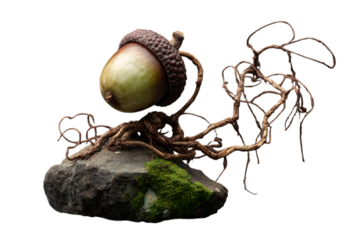 A single green acorn with a textured cap rests on a mossy rock with intricate brown roots and branches against  isolated on transparent background